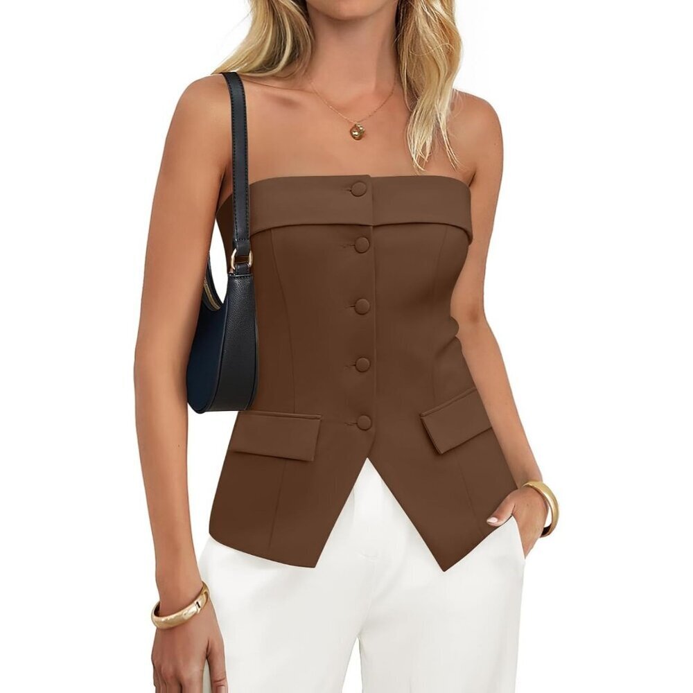 Women's Brown Summer Going Out Sleeveless Button Down Dressy Tube Vest Tops